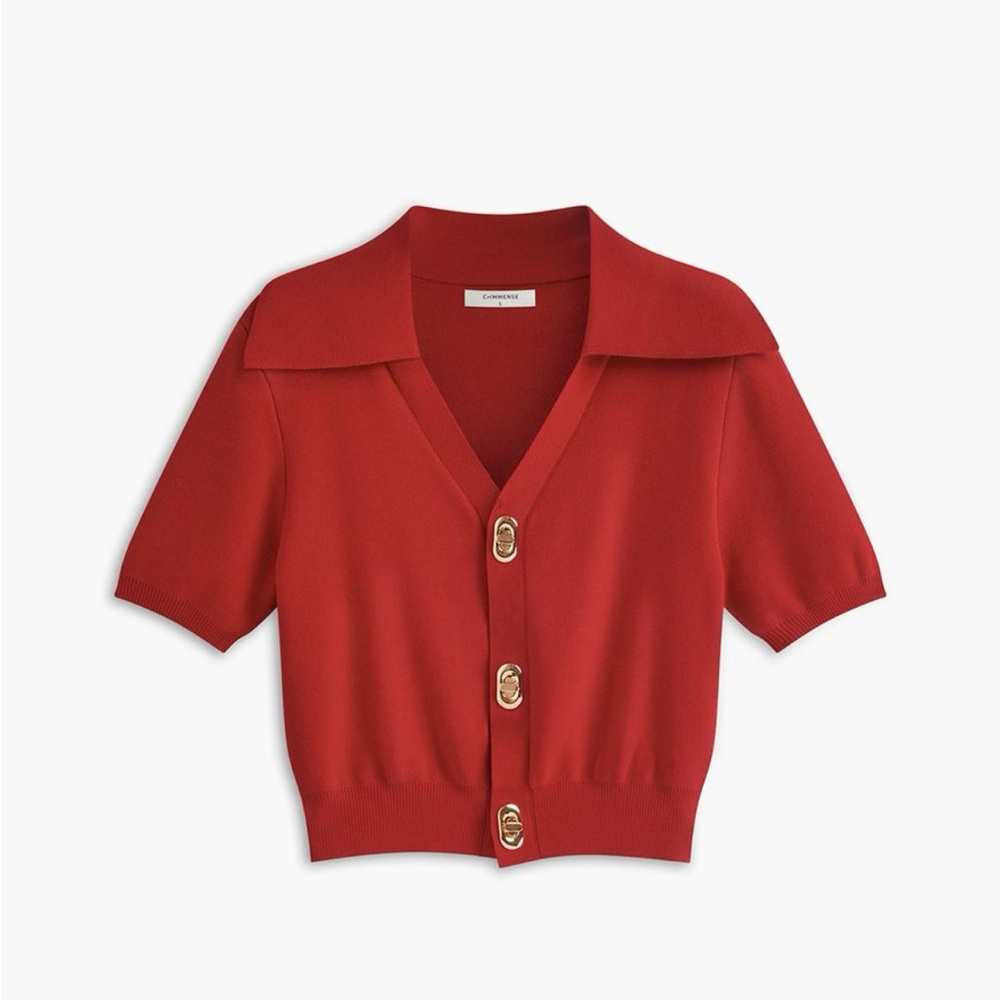 Effortless Red Collared Sweater with Gold Latch buttons